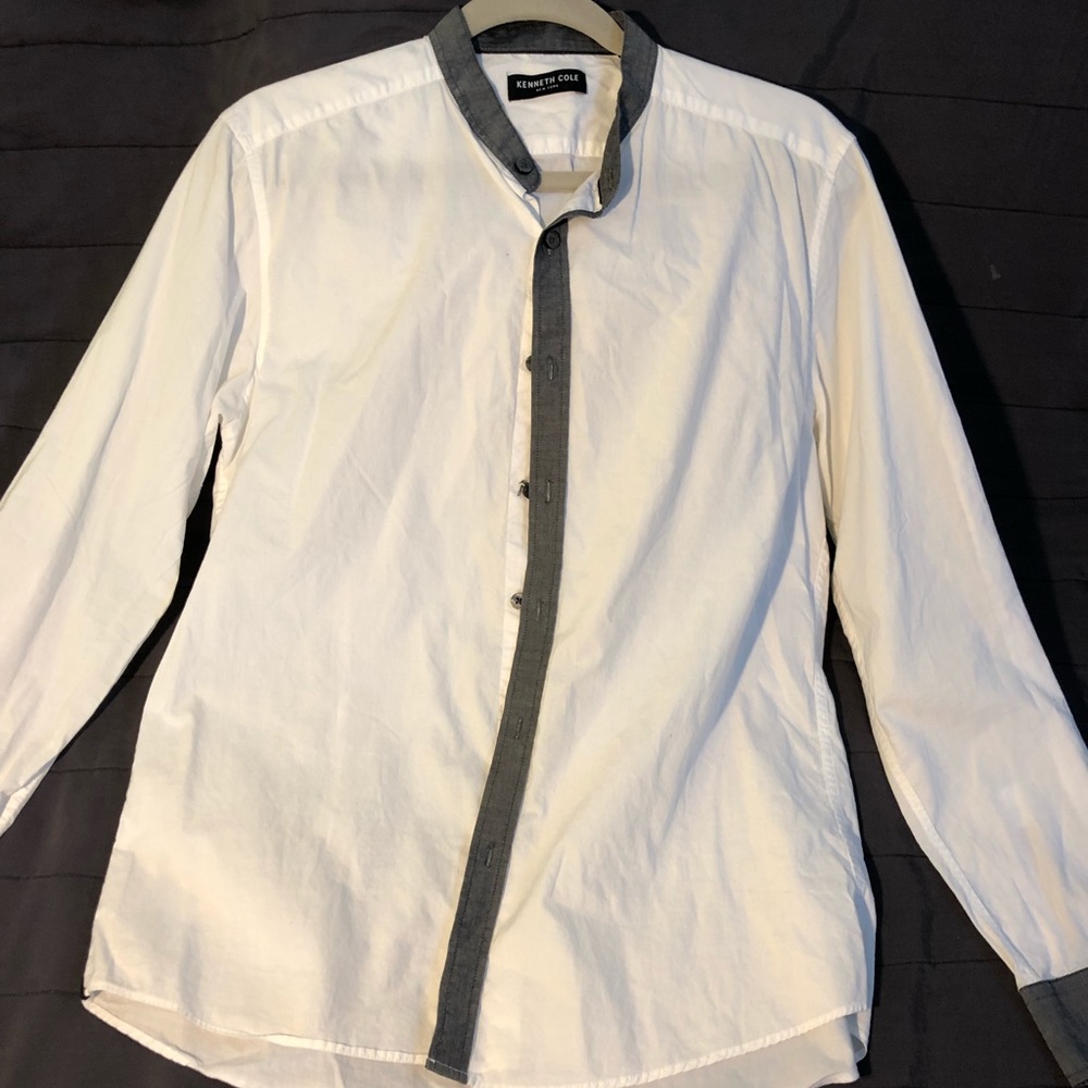 White and Gray Mao Collar Shirt by Kenneth Cole